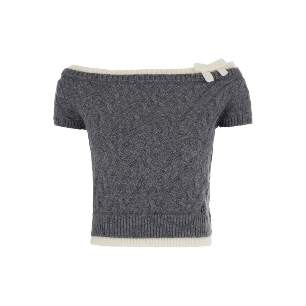 Shushu/Tong Women Grey Top With Boat Neck And Bow At The Front In Wool For Women